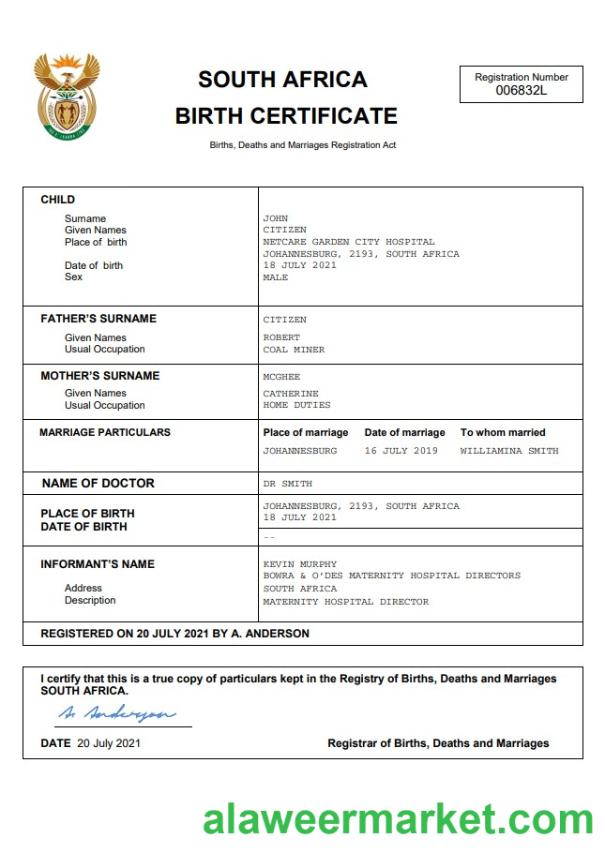 South Africa vital record birth certificate Word and PDF template